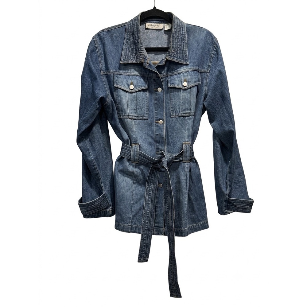 Marla Kim Womens Medium Wash Belted Denim Jacket Blue Cotton Utility Size M VTG